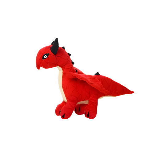 Side view of a red dragon dog toy with quilted texture, black claws, and soft wings.