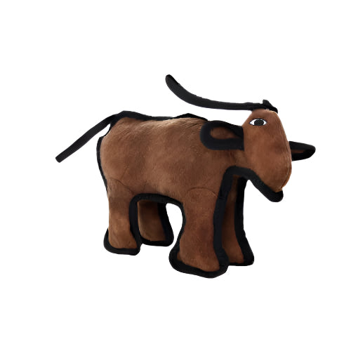 Small plush longhorn dog toy in brown with soft white horns and black outline.