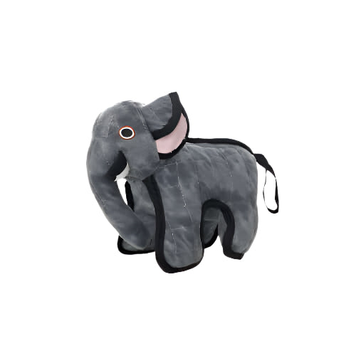 Small gray plush elephant dog toy with black trim and pink inner ears, designed for durability and gentle pet play.
