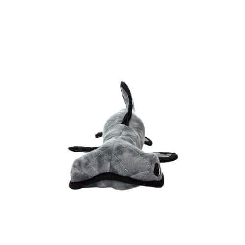 Front view of the gray hammerhead shark Tuffy dog toy, showcasing the unique head shape and tough design.