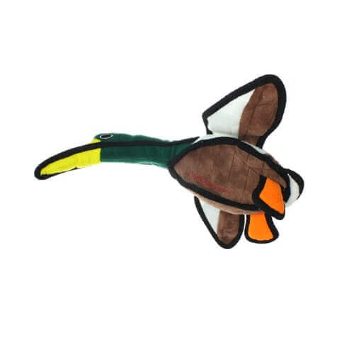 Top-down view of mallard-inspired plush duck dog toy with white and brown wings, green head, and orange tail feathers.