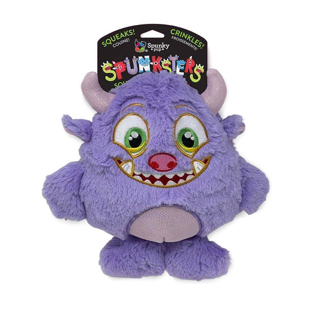 Spunky Pup Spunksters plush toy in purple, featuring squeaks and crinkles for interactive fun, designed for playful and energetic dogs.