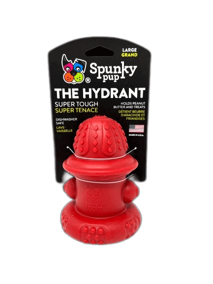 Spunky Pup The Hydrant in large size, a super tough and dishwasher-safe dog toy designed to hold treats and peanut butter for interactive play.