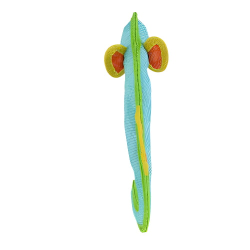 Top-down view of slim blue seahorse-shaped dog toy with plush orange fins