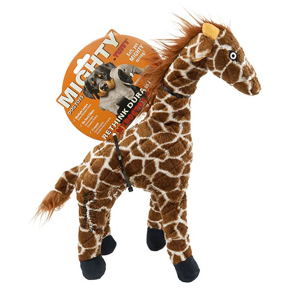 Mighty Safari Giraffe dog toy with product label – tough plush toy with minimal stuffing
