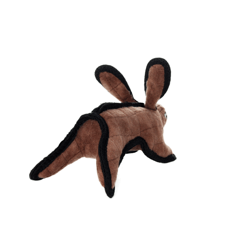 Rear view of Tuffy brown rabbit dog toy with raised ears and black reinforced seams.