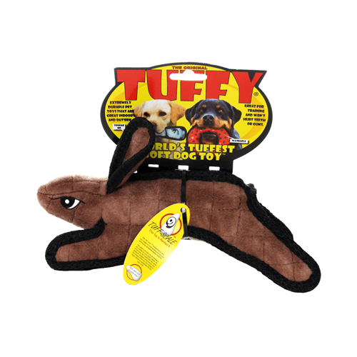 Tuffy Rabbit dog toy in original packaging, labeled 'World’s Tuffest Soft Dog Toy' with yellow hang tag.