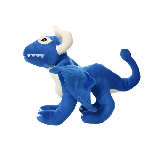 Side profile of blue stuffed dragon dog toy showing wings and curled tail