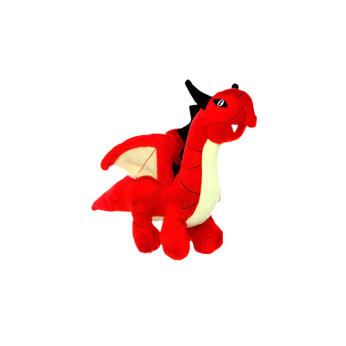 Small red dragon dog toy with black horns and wide wings on plain white background.