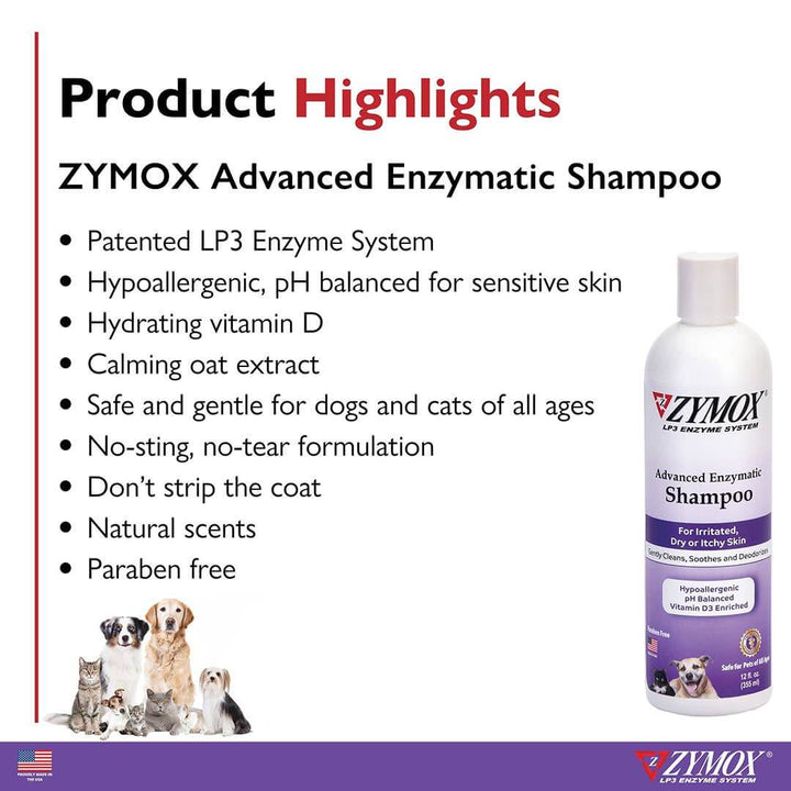 Champú enzimático avanzado ZYMOX: hipoalergénico y calmante, 355 ml