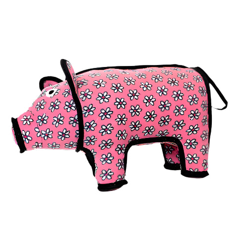 Side view of the plush pig dog toy, showing its pink floral pattern and soft plush body.
