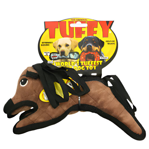 Packaging of the Tuffy pony dog toy, labeled as "World's Tuffest Dog Toy" with images of dogs on the label.