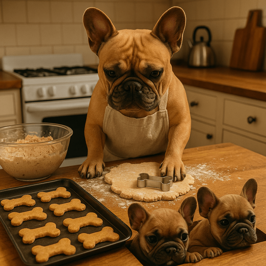 A French Bulldog mother wears a chef hat and apron while playfully baking dog cookies in a cozy kitchen. She mixes ingredients, rolls out dough, and places bone-shaped cookies on a tray as her curious puppies watch and sniff around.