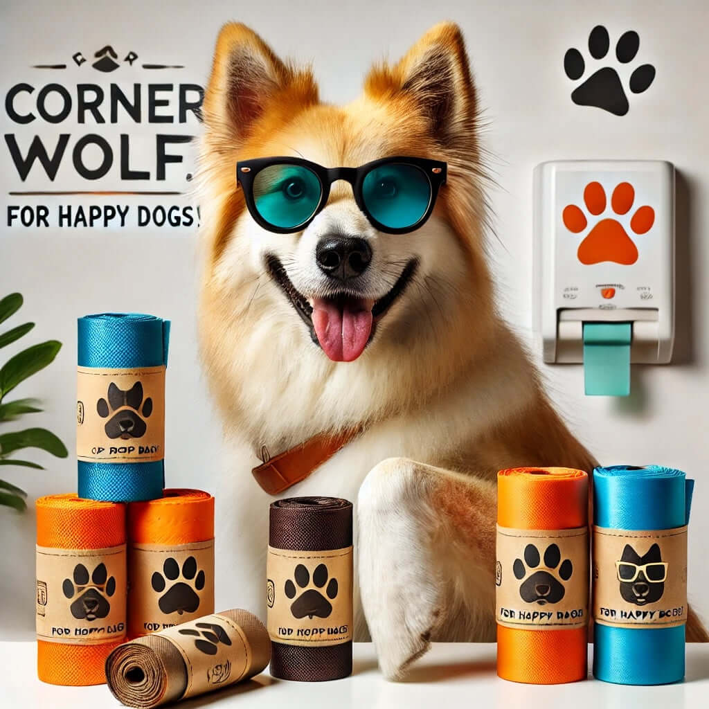 Dog in sunglasses with eco-friendly poop bags in vibrant rolls, showcasing sustainability and style from Cornerwolf.com. 'For Happy Dogs!