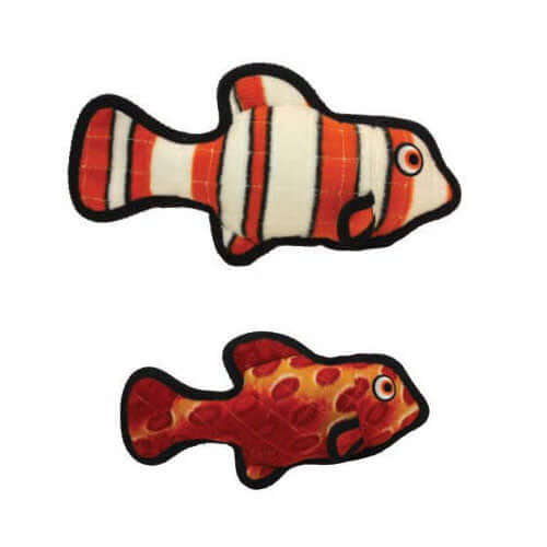 Two Tuffy fish-shaped dog toys, one resembling a clownfish with orange and white stripes, and the other a red fish with a spotted pattern.