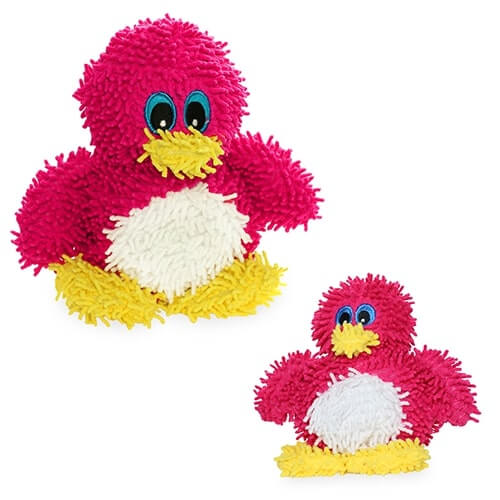 A set of two views of the red penguin plush toy, showing its fluffy microfiber texture, bright yellow feet, and cartoonish blue eyes.