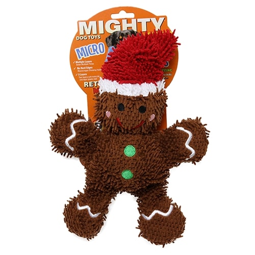 A gingerbread man plush dog toy wearing a Santa hat, packaged as part of the MIGHTY Microfiber series, featuring a soft microfiber body and festive design.