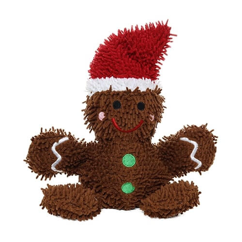 A gingerbread man plush dog toy with a microfiber texture, decorated with a Santa hat, smile, green buttons, and white accents on the arms.