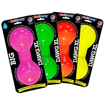 Four packages of Ruff Dawg dog toys in different colors on a white background