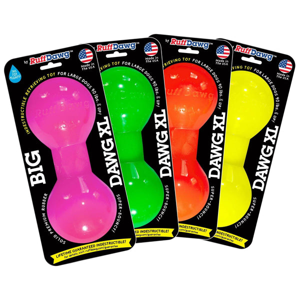 Four packages of Ruff Dawg dog toys in different colors on a white background