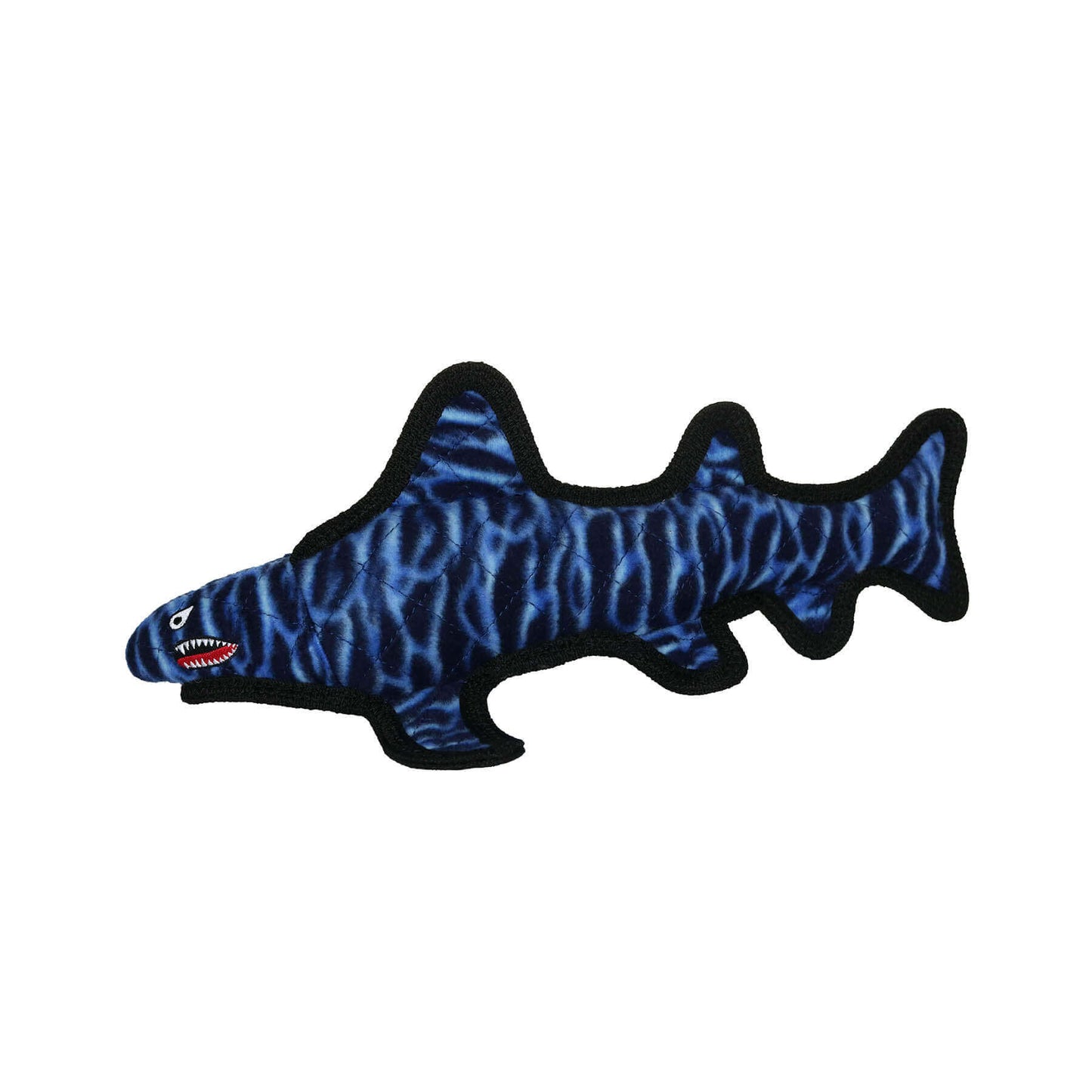 Blue plush shark-shaped dog toy with a wave-like pattern and black trim, featuring a cartoon face with sharp teeth.