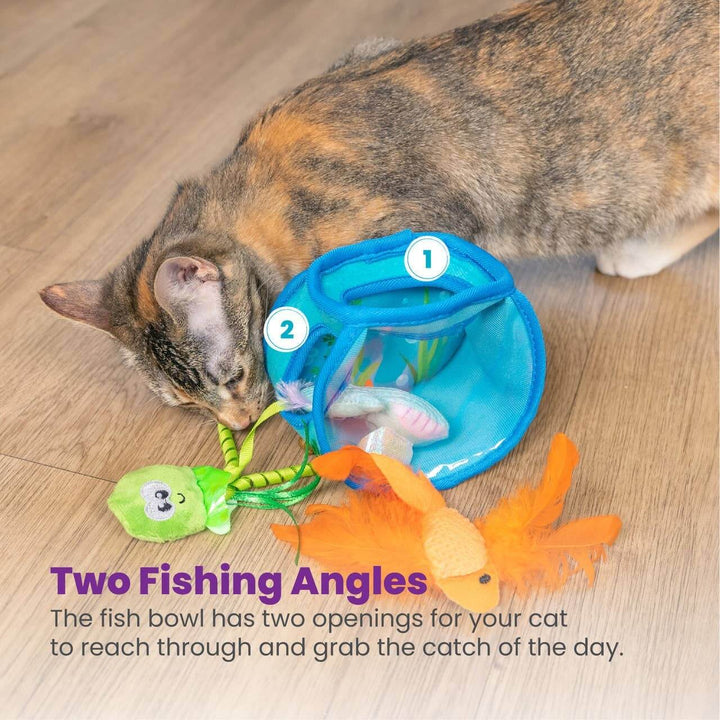 Cat playing with a fishing-themed toy on a wooden floor