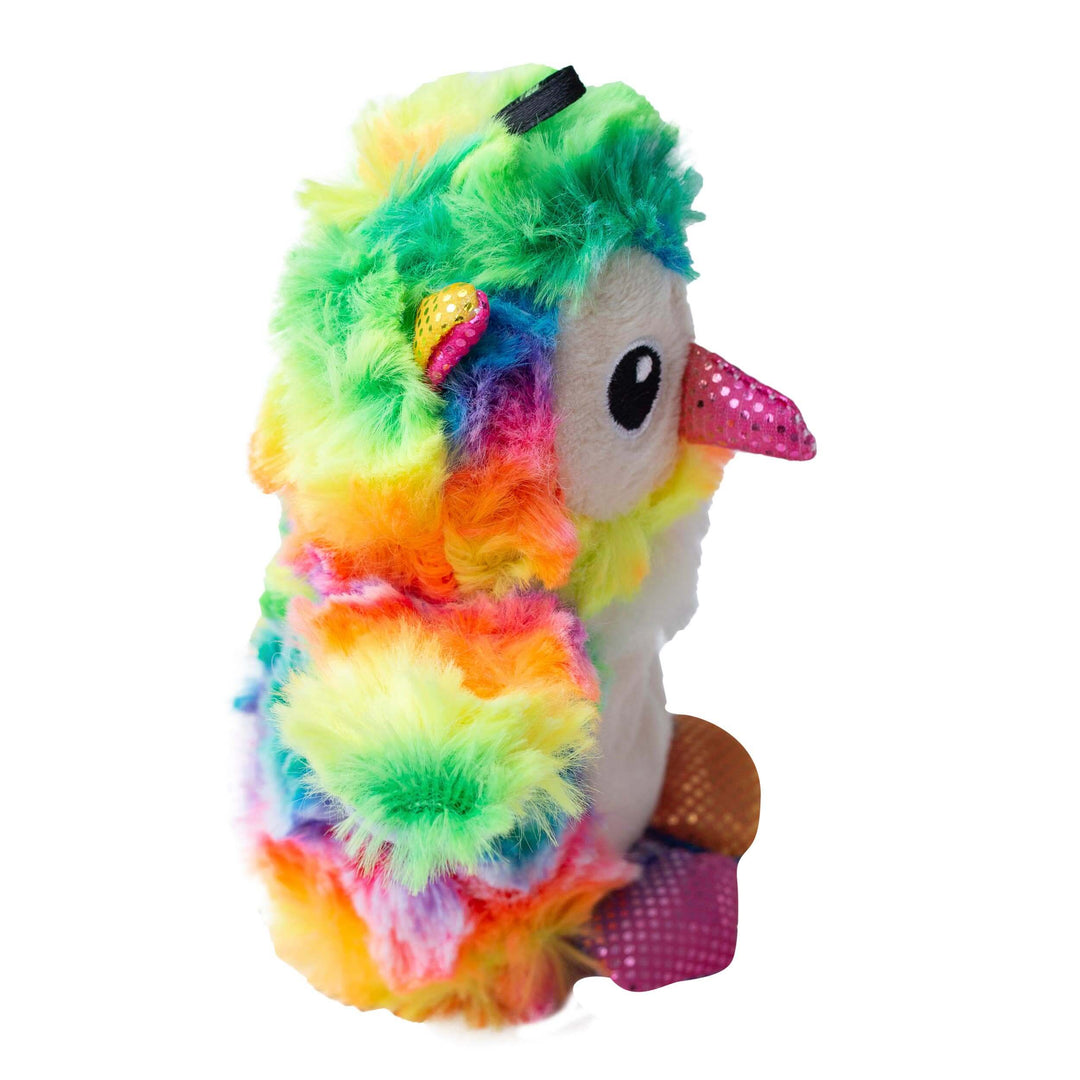 Colorful plush parrot toy on a white background
