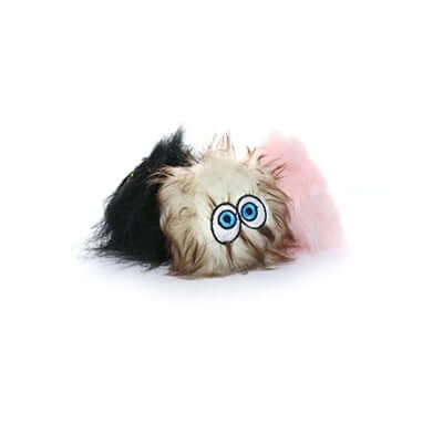 A beige and pink iBall dog toy with blue, wide cartoonish eyes.