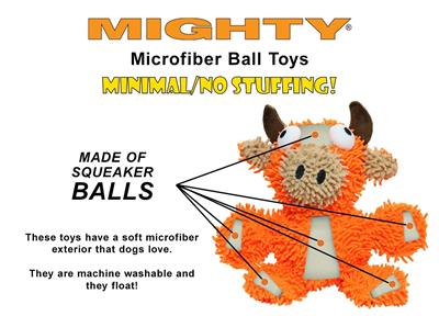 An orange bull-shaped plush dog toy with minimal stuffing, labeled "Mighty Microfiber Ball Toys," featuring squeaker balls inside.