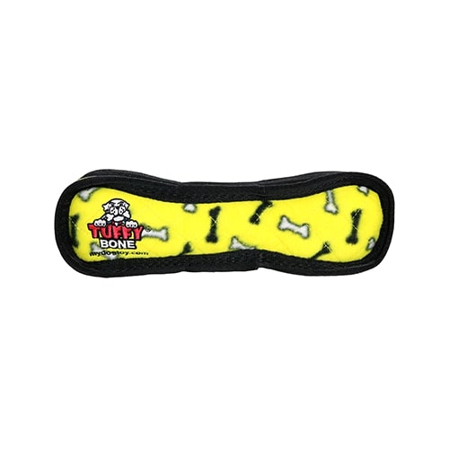 Yellow Tuffy bone dog toy with black bone patterns and a soft, durable construction.