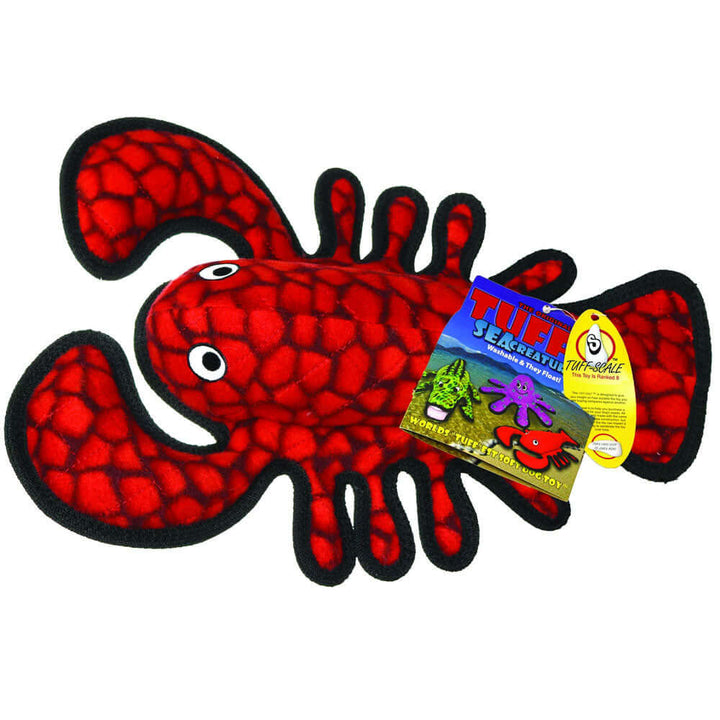 Red lobster Tuffy dog toy, with packaging, showing durable construction and vibrant color.