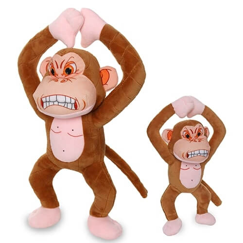 Two plush monkey-shaped dog toys with angry expressions, standing upright with arms raised above their heads, one larger and one smaller