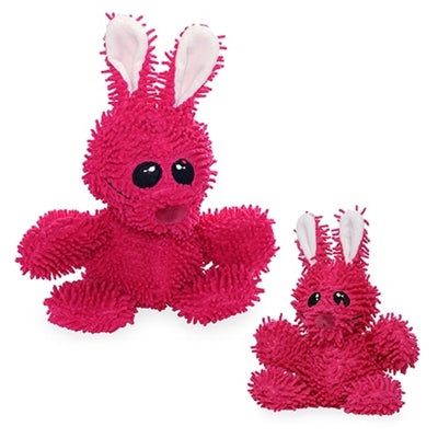 A collage showing two views of the pink plush bunny dog toy, highlighting its large floppy ears, soft texture, and playful design.