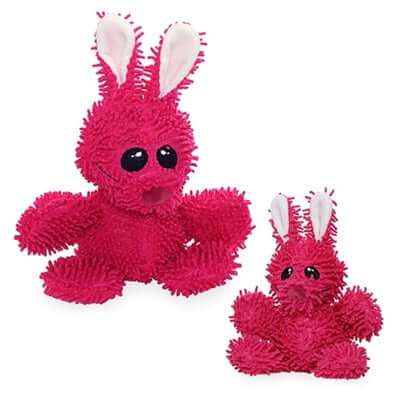 A collage showing two views of the pink plush bunny dog toy, highlighting its large floppy ears, soft texture, and playful design.