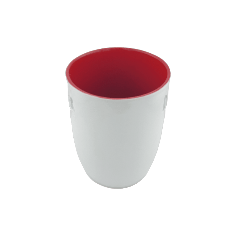 A white ceramic mug with a vibrant red interior, viewed from above. The design is simple and minimalist, highlighting the bold red color inside the mug. This 24 oz mug is perfect for adding a pop of color to your drinkware collection. Dishwasher and microwave safe.