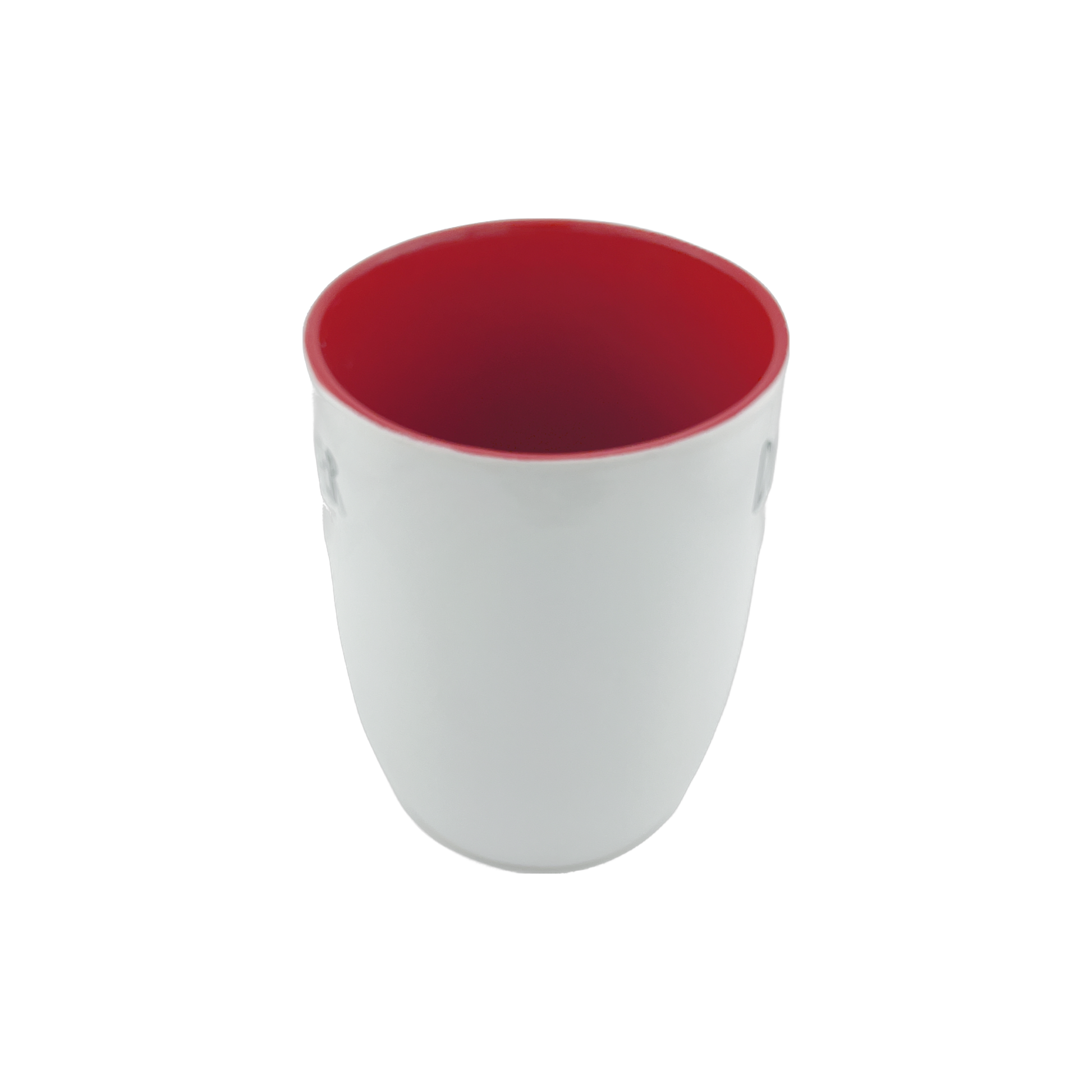 A white ceramic mug with a vibrant red interior, viewed from above. The design is simple and minimalist, highlighting the bold red color inside the mug. This 24 oz mug is perfect for adding a pop of color to your drinkware collection. Dishwasher and microwave safe.