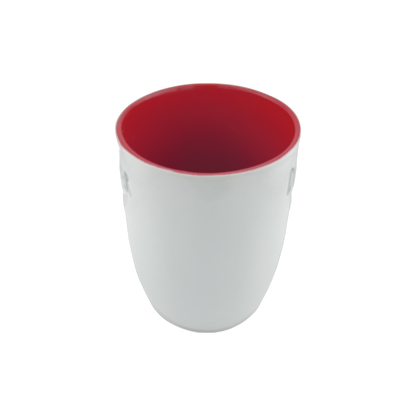 A white ceramic mug with a vibrant red interior, viewed from above. The design is simple and minimalist, highlighting the bold red color inside the mug. This 24 oz mug is perfect for adding a pop of color to your drinkware collection. Dishwasher and microwave safe.