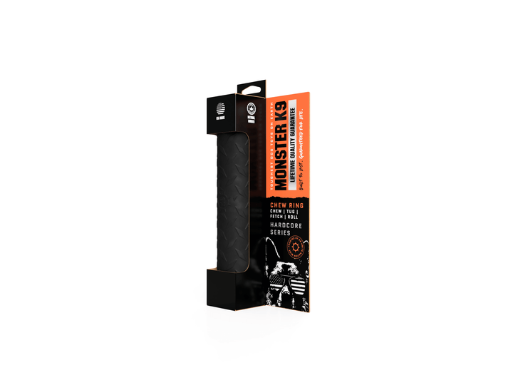 Black chew stick with packaging on a white background