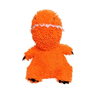 A front view of the orange dinosaur plush toy, featuring a fluffy microfiber texture, wide mouth with teeth, and black clawed feet.