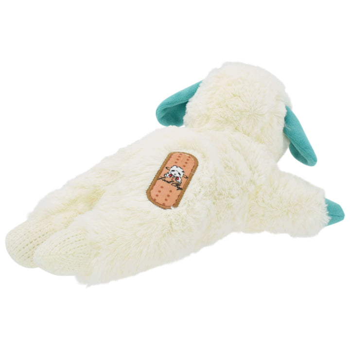 Plush toy resembling a paw with a skull and crossbones patch on a white background