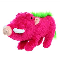 Pink plush warthog dog toy with green accents and white tusks, made from durable material for playful and interactive fun.