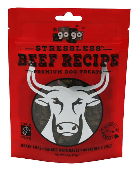 Red package of 'Stressless Beef Recipe' dog treats with a bull logo on a white background
