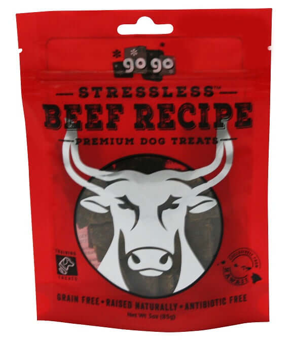 Red package of 'Stressless Beef Recipe' premium dog treats with a bull's head on a white background.