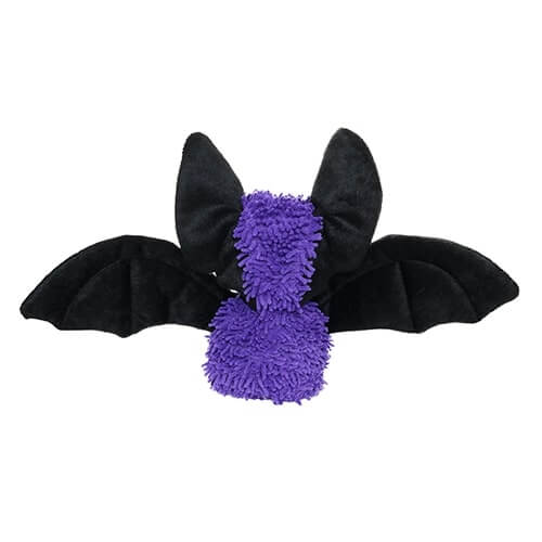 A rear view of the bat plush toy, highlighting its black wings and purple body, with its ears visible from the back.