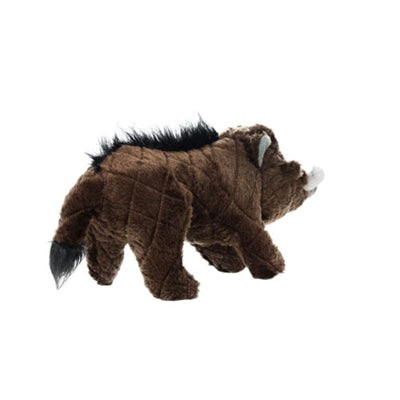 Brown plush warthog dog toy with black mane and white tusks, perfect for dogs that love tough yet soft toys.