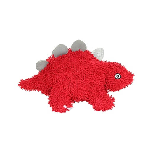 A red plush dinosaur-shaped dog toy with a shaggy microfiber texture and small grey plates along its back.