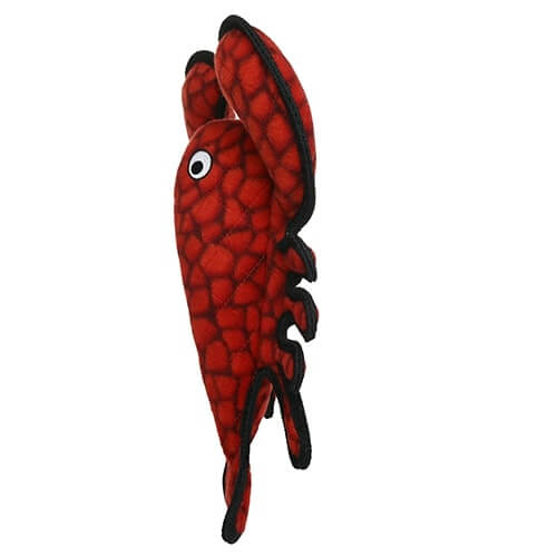 Side view of the red lobster Tuffy dog toy, showing the detailed legs and durable construction.