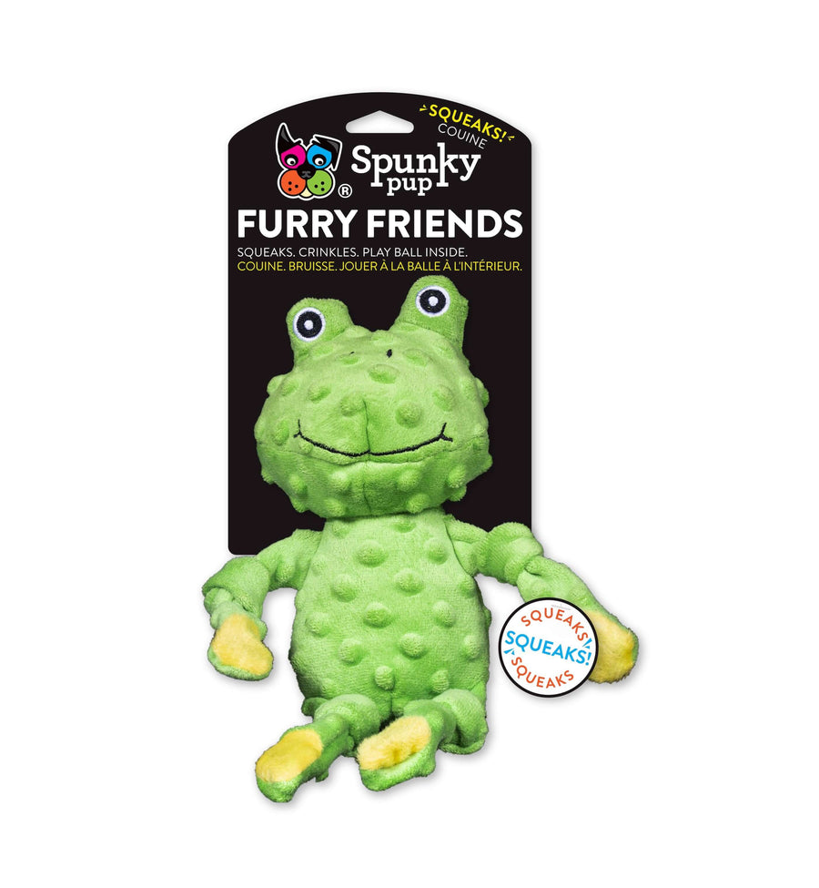 Green frog-shaped toy with packaging labeled 'Spunky Pup Furry Friends' on a white background