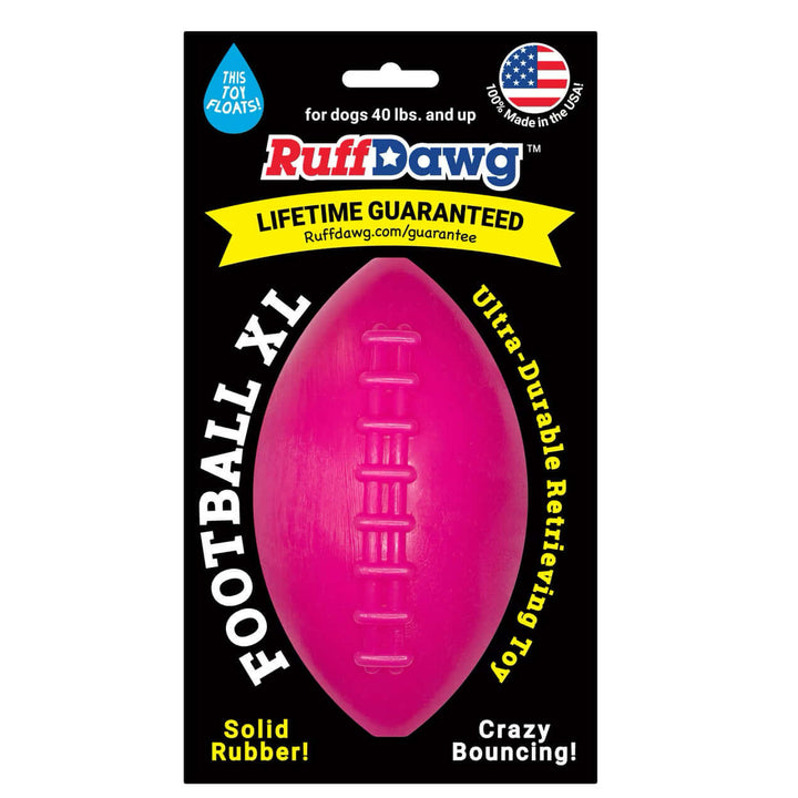Ruff Dawg Football XL Lifetime Guaranteed - Pink solid rubber dog toy for fetch, floats, and crazy bouncing fun.