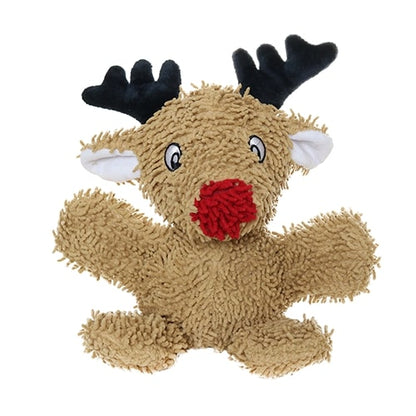 A front view of the brown reindeer plush dog toy with black antlers and a red nose, showing its playful design and soft material.